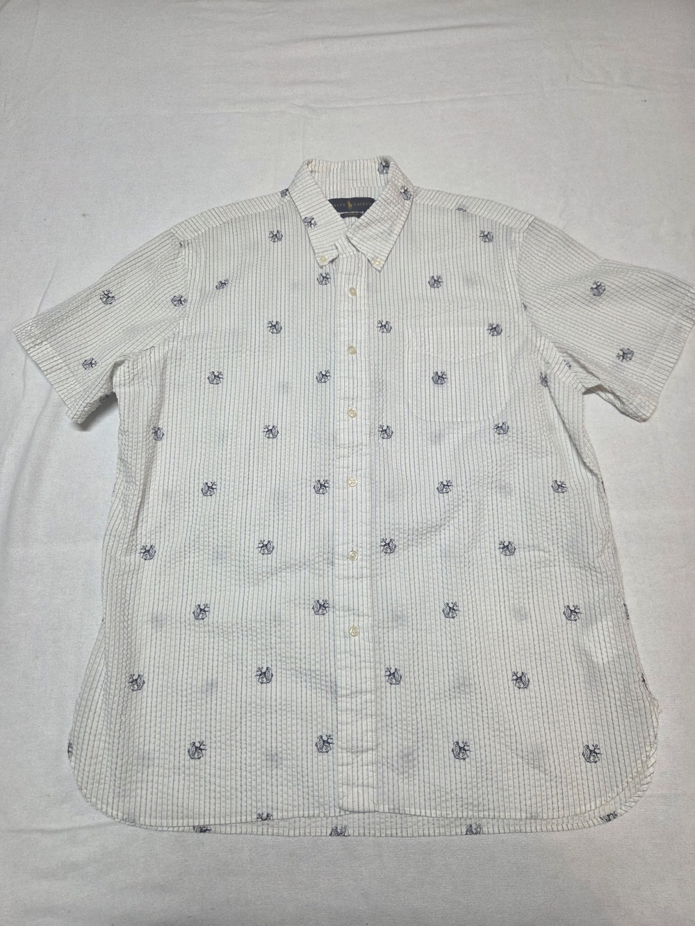 Ralph Lauren White Short-Sleeve Button-Down with Navy Micro Embroidery